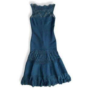 Tadashi Shoji teal lace maxi gown dress size S